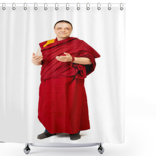 Personality  Porter Of A Tibetan Mongolian Monk In Ritual Red Clothing On A White Background Shower Curtains