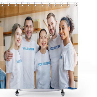 Personality  Group Of Five Young, Multicultural Volunteers Embracing, Smiling And Looking At Camera Shower Curtains