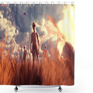 Personality  An Aliens In Grass Field,3D Illustration Concept Background  Shower Curtains