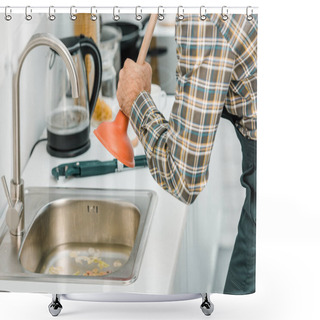 Personality  Cropped Image Of Plumber Using Plunger And Cleaning Sink In Kitchen Shower Curtains