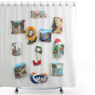 Personality  Souvenir Magnets Of The Cities Of Italy On The Door Of The Refri Shower Curtains