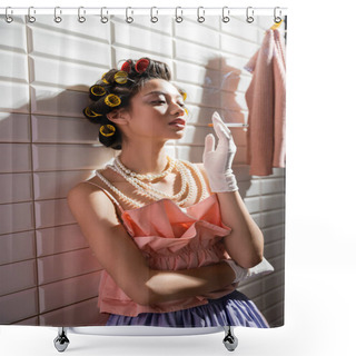 Personality  Asian Young Woman With Hair Curlers Standing In Pink Ruffled Top, Pearl Necklace And Gloves While Holding Cigarette Near Wet Laundry Hanging Near White Tiles, Housewife, Looking Away, Smoking  Shower Curtains