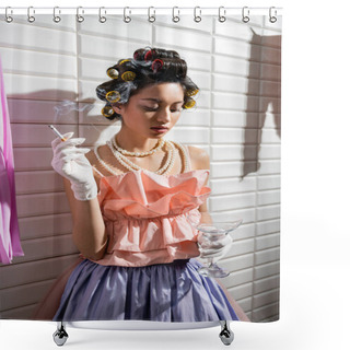 Personality  Asian Young Woman With Hair Curlers Standing In Pink Ruffled Top, Pearl Necklace And Gloves While Holding Cigarette And Glass Near Wet Laundry And  White Tiles, Smoking, Housewife  Shower Curtains