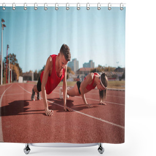 Personality  Young Athletes Doing Push Ups Outdoor Shower Curtains