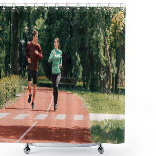 Personality  Couple Smiling At Each Other While Jogging On Running Track In Park  Shower Curtains