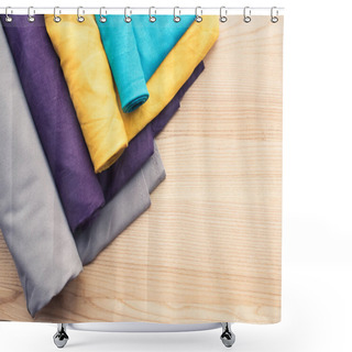 Personality  Top View Of Wooden Table With Rolls Of Fabric Shower Curtains