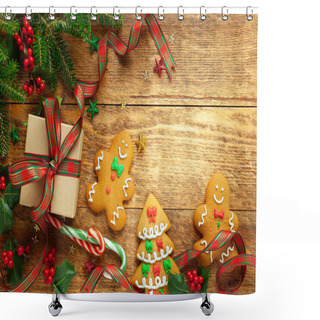 Personality  Christmas Background With Gift Box, Gingerbread Cookies, Branche Shower Curtains