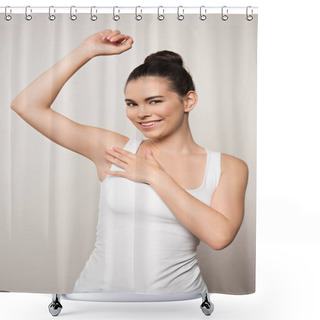 Personality  Happy Woman Touching Underarm And Smiling At Camera Isolated On Grey Shower Curtains