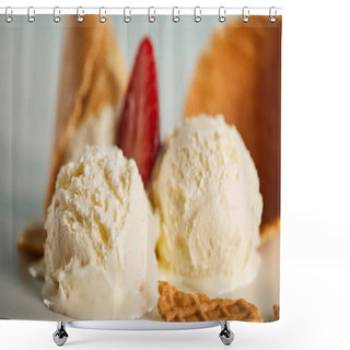 Personality  Close Up View Of Delicious Scoops Of Melting Ice Cream With Strawberry Shower Curtains
