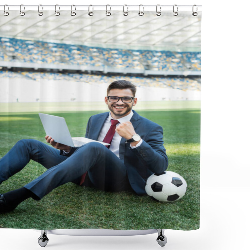 Personality  Smiling Young Businessman In Suit With Laptop And Soccer Ball Sitting On Football Pitch And Showing Yes Gesture At Stadium, Sports Betting Concept Shower Curtains