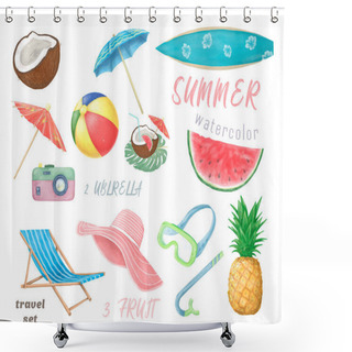 Personality  Set Of Cute Summer Icons: Food, Drinks, Palm Leaves, Fruits And Flamingo. Bright Summertime Poster. Collection Of Scrapbooking Elements For Beach Party. Shower Curtains