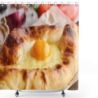 Personality  Close Up View Of Egg Yolk On Baked Adjarian Khachapuri Shower Curtains