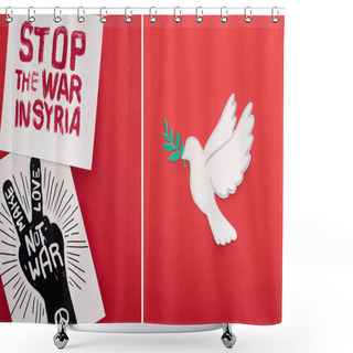 Personality  Collage Of White Dove As Symbol Of Peace, Placards With Stop War In Syria And Make Love Not War Lettering On Red Background Shower Curtains