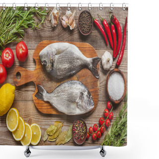 Personality  Food Composition With Raw Fish On Wooden Board Surrounded By Ingredients On Table Shower Curtains