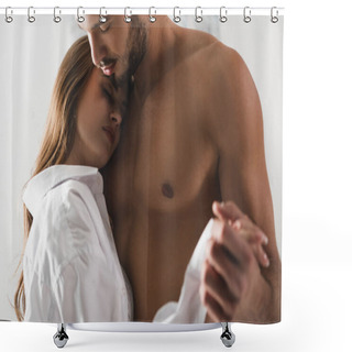 Personality  Close-up Shot Of Attractive Young Couple Dancing At Home In Morning Shower Curtains