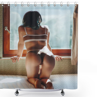 Personality  Back View Of Sexy Girl In Underwear Leaning At Windowsill And Looking At Window Shower Curtains