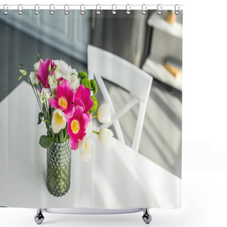 Personality  Bouquet Of Beautiful Colored Flowers On White Table At Kitchen Shower Curtains