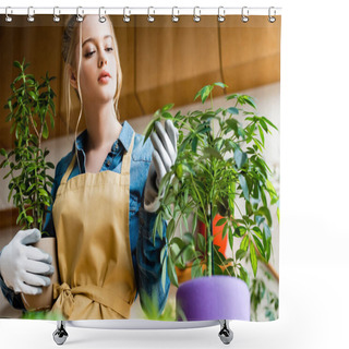Personality  Selective Focus Of Beautiful Woman In Apron Looking At Green Leaves  Shower Curtains