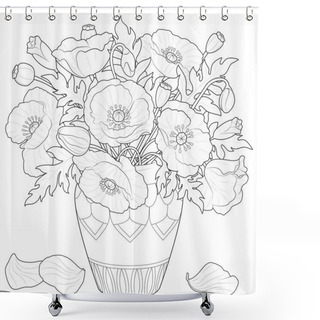 Personality  Poppy Flowers In A Vase. Art Therapy Coloring Page For Kids And Adults. Black And White Vector Illustration Isolated On White Background. Shower Curtains