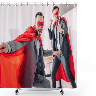 Personality  Handsome Super Businessmen In Masks And Capes Having Fun In Office Shower Curtains