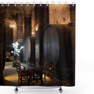 Personality  Medieval Underground Wine Cellars With Old Red Wine Barrels For Aging Of Vino Nobile Di Montepulciano In Old Town On Hill Montepulciano In Tuscany, Italy Shower Curtains