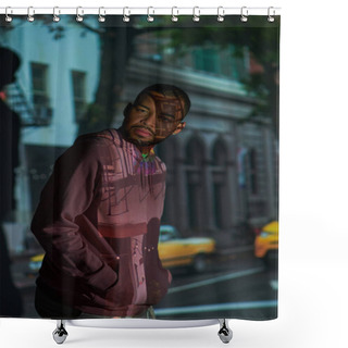 Personality  Good Looking African American In Pink Hoodie Posing In Digital Projector Lights, Fashion Concept Shower Curtains
