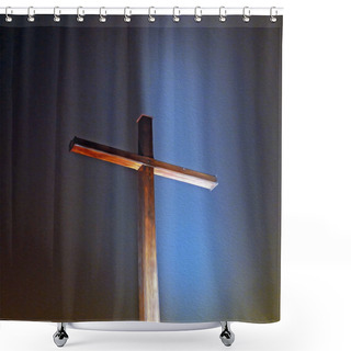 Personality  Illuminated Wooden Christian Cross In The Background Of Night Sk Shower Curtains