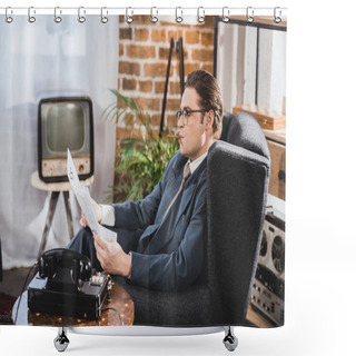 Personality  Side View Of 50s Style Man Smoking Cigarette And Reading Newspaper At Home Shower Curtains
