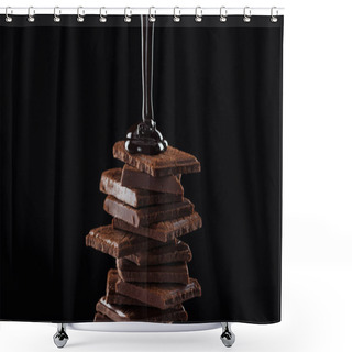 Personality  Hot Melted Dark Chocolate Pouring On Chocolate Stack, Isolated On Black Shower Curtains