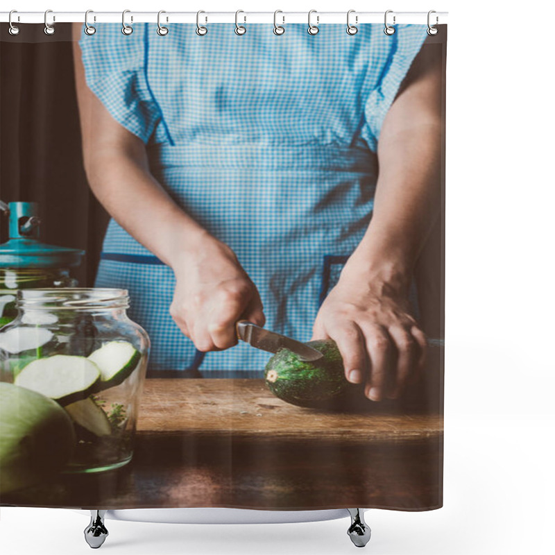 Personality  Cropped Image Of Woman Cutting Zucchini On Wooden Board At Kitchen Shower Curtains