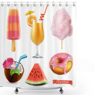 Personality  Summer, Sweet Food. Ice Cream, Orange Juice, Cotton Candy, Cocktail, Watermelon, Donut. 3d Realistic Vector Icon Set Shower Curtains