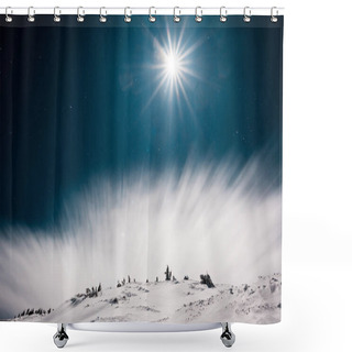 Personality  Scenic View Of Mountain Covered With Snow And Pine Trees Against Dark Sky With White Cloud And Sun Shower Curtains