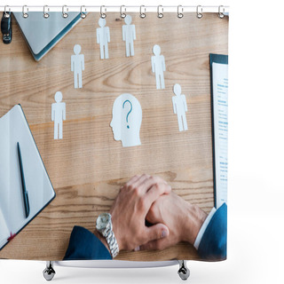 Personality  Cropped View Of Recruiter With Clenched Hands Near Paper Human Shapes On Table  Shower Curtains