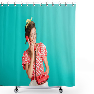 Personality  Happy Pin Up Woman Talking On Retro Phone Isolated On Turquoise Shower Curtains