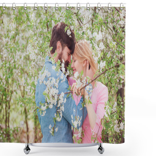Personality  Valentine Beauty Couple In Love - Holiday Party. Love. Smiling Couple In Love On Blossoming Tree Garden Background. Shower Curtains