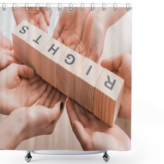 Personality  Cropped View Of Four People Holding Wooden Cubes With Rights Lettering  Shower Curtains