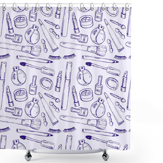 Personality  Set Of Various Make Up Products In Sketch Style. Vector Illustra Shower Curtains