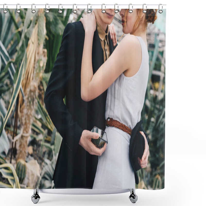 Personality  Cropped Shot Of Young Wedding Couple Hugging In Botanical Garden Shower Curtains