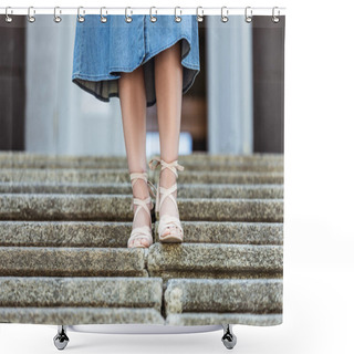 Personality  Cropped Shot Of Woman In Denim Skirt And Fashionable Shoes Walking Down Steps Shower Curtains