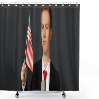 Personality  Smiling Emotional Man With American Flag On Black Background Shower Curtains