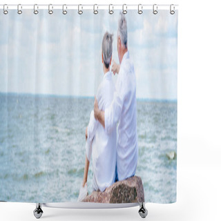 Personality  Panoramic View Of Senior Couple Sitting On Stone And Embracing Near River Shower Curtains