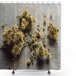 Personality  Close Up View Of Medical Marijuana Buds On Marble Surface Shower Curtains