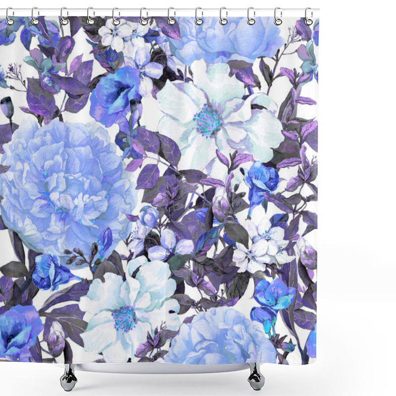 Personality  Flowers, Leaves, Grass. Seamless Vintage Floral Background In Blue Color. Watercolor Shower Curtains