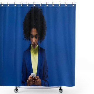 Personality  Young African American Woman Using Smartphone Isolated On Blue Shower Curtains
