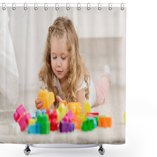 Personality  Surface Level Of Adorable Kid Playing With Colored Plastic Constructor On Carpet In Children Room Shower Curtains