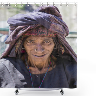 Personality  Beggar Old Woman Begs For Money From A Passerby In Srinagar, Kashmir. India Shower Curtains