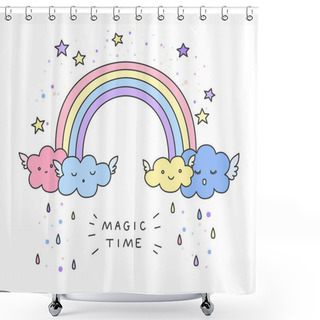 Personality  Cute Rainbow, Funny Clouds, Stars And Fashion Slogan.  Shower Curtains