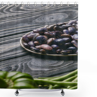 Personality  Plate With Purple Haricot Beans On Dark Wooden Table Shower Curtains