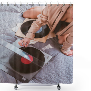 Personality  Partial View Of Young Woman Turning On Vinyl Audio Player While Sitting On Bed At Home Shower Curtains