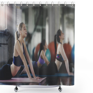 Personality  Group Of Young Sporty Attractive People Practicing Yoga Lesson,Women Practicing The Cobra Pose During Their Yoga Class In A Gym. Shower Curtains